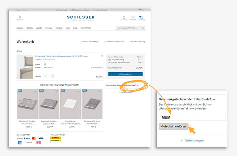 Bildschirm Anzeige vom Warenkorb
